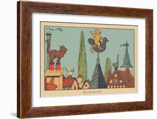 Three Gutter Cats Admire the One Riding on the Back of the Bell Tower Rooster.” Horseback Riding” ,-Benjamin Rabier-Framed Giclee Print