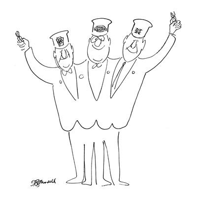 Three-headed train conductor waves ticket punchers. On each head is a diff…  - New Yorker Cartoon' Premium Giclee Print - Frank Modell 