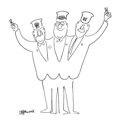 Three-headed train conductor waves ticket punchers. On each head is a diff… - New Yorker Cartoon' Premium Giclee Print - Frank Modell Three-headed train conductor waves ticket punchers. On each head is a diff… - New Yorker Cartoon' Premium Giclee Print - Frank Modell