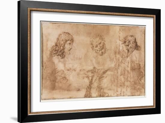 Three Heads and Other Sketches (Verso), 1643-44 (Pen and Brown Ink)-Nicolas Poussin-Framed Giclee Print