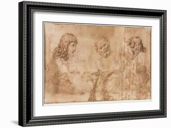 Three Heads and Other Sketches (Verso), 1643-44 (Pen and Brown Ink)-Nicolas Poussin-Framed Giclee Print