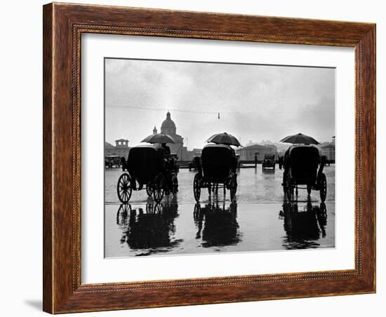 Three Horse Drawn Carriages in Rain Storm-Alfred Eisenstaedt-Framed Photographic Print