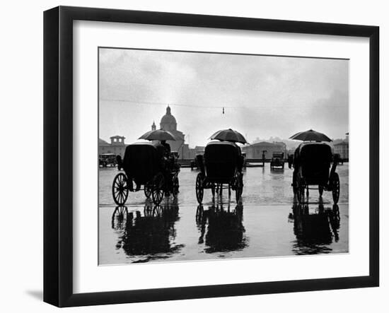 Three Horse Drawn Carriages in Rain Storm-Alfred Eisenstaedt-Framed Photographic Print