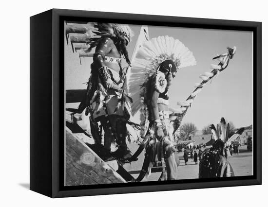 Three Indians In Headdress Watching Tourists "Dance San Ildefonso Pueblo New Mexico 1942." 1942-Ansel Adams-Framed Stretched Canvas