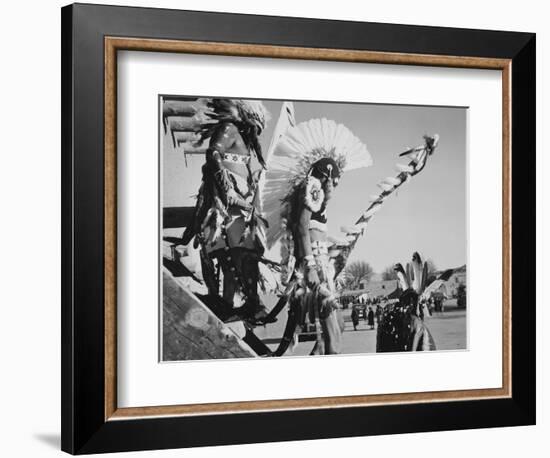 Three Indians In Headdress Watching Tourists "Dance San Ildefonso Pueblo New Mexico 1942." 1942-Ansel Adams-Framed Premium Giclee Print