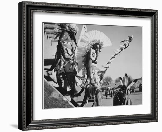 Three Indians In Headdress Watching Tourists "Dance San Ildefonso Pueblo New Mexico 1942." 1942-Ansel Adams-Framed Art Print