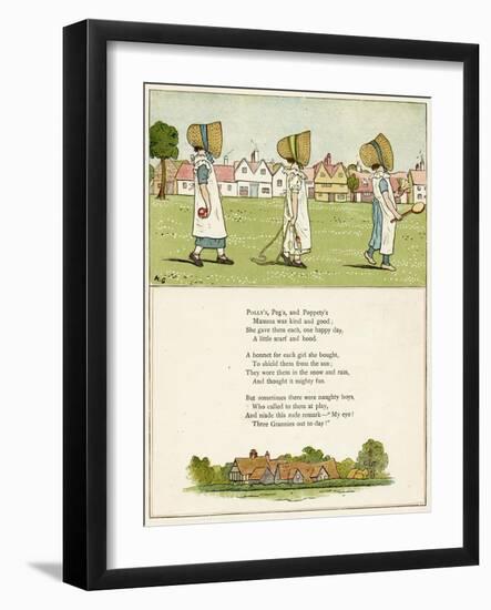 Three Little Girls in Straw Bonnets-Kate Greenaway-Framed Art Print