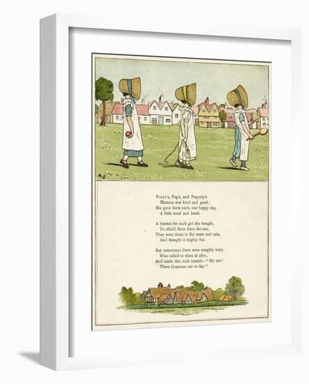 Three Little Girls in Straw Bonnets-Kate Greenaway-Framed Art Print