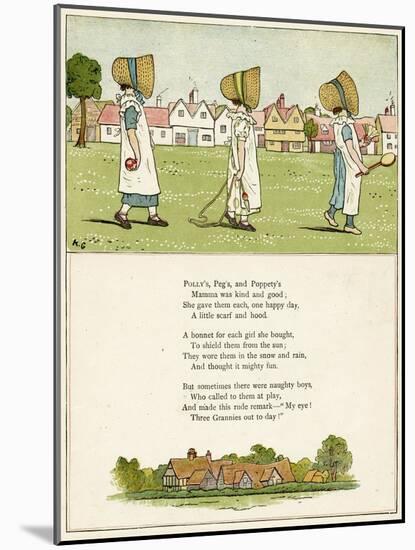 Three Little Girls in Straw Bonnets-Kate Greenaway-Mounted Art Print