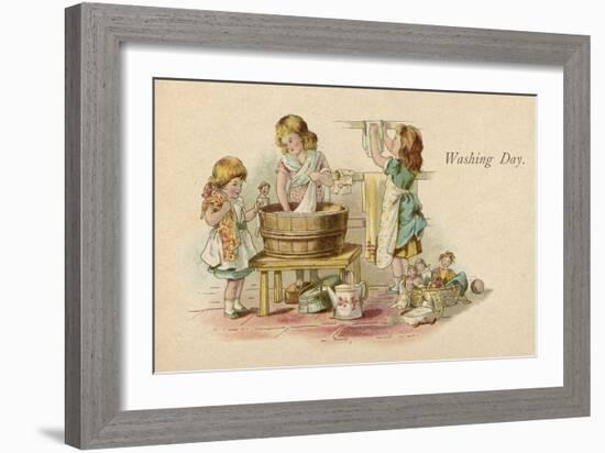 Three Little Girls Wash their Dolls Clothes and Hang Them Out to Dry-null-Framed Art Print