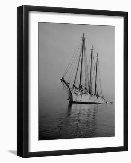 Three-Masted Schooner, Sails Furled, on the Water with a Dinghy in Tow-Bernard Hoffman-Framed Photographic Print