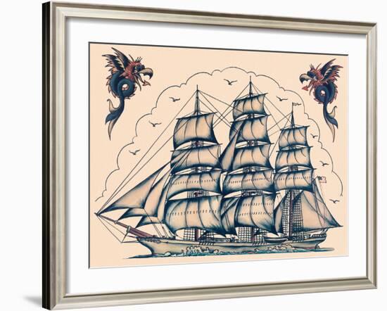 Three Masted Ship & Sea Dragons, Vintage Tattoo Flash by Norman Collins, aka, Sailor Jerry-Piddix-Framed Art Print