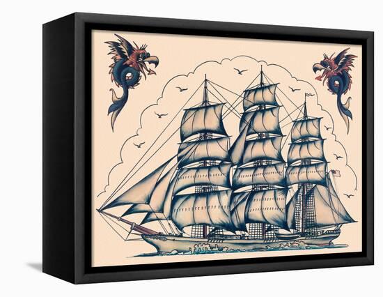 Three Masted Ship & Sea Dragons, Vintage Tattoo Flash by Norman Collins, aka, Sailor Jerry-Piddix-Framed Stretched Canvas