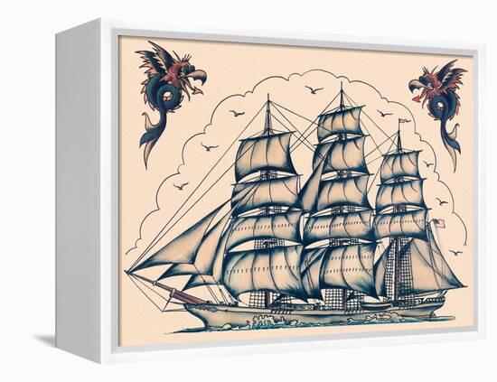 Three Masted Ship & Sea Dragons, Vintage Tattoo Flash by Norman Collins, aka, Sailor Jerry-Piddix-Framed Stretched Canvas