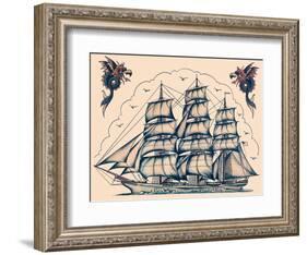 Three Masted Ship & Sea Dragons, Vintage Tattoo Flash by Norman Collins, aka, Sailor Jerry-Piddix-Framed Art Print