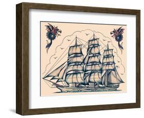 Three Masted Ship & Sea Dragons, Vintage Tattoo Flash by Norman Collins, aka, Sailor Jerry-Piddix-Framed Art Print