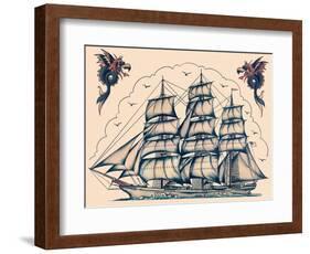 Three Masted Ship & Sea Dragons, Vintage Tattoo Flash by Norman Collins, aka, Sailor Jerry-Piddix-Framed Art Print