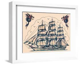 Three Masted Ship & Sea Dragons, Vintage Tattoo Flash by Norman Collins, aka, Sailor Jerry-Piddix-Framed Art Print