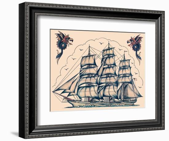 Three Masted Ship & Sea Dragons, Vintage Tattoo Flash by Norman Collins, aka, Sailor Jerry-Piddix-Framed Art Print