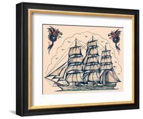 Three Masted Ship & Sea Dragons, Vintage Tattoo Flash by Norman Collins, aka, Sailor Jerry-Piddix-Framed Art Print