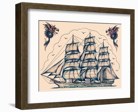 Three Masted Ship & Sea Dragons, Vintage Tattoo Flash by Norman Collins, aka, Sailor Jerry-Piddix-Framed Premium Giclee Print