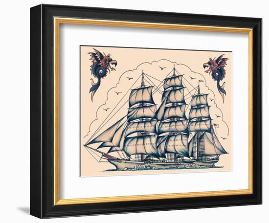 Three Masted Ship & Sea Dragons, Vintage Tattoo Flash by Norman Collins, aka, Sailor Jerry-Piddix-Framed Premium Giclee Print