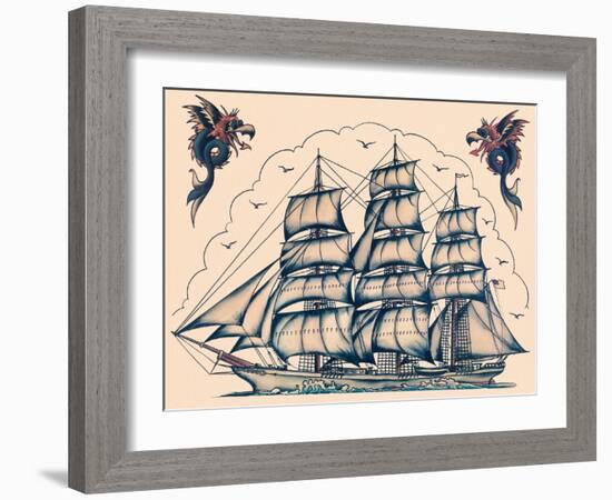 Three Masted Ship & Sea Dragons, Vintage Tattoo Flash by Norman Collins, aka, Sailor Jerry-Piddix-Framed Art Print