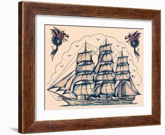 Three Masted Ship & Sea Dragons, Vintage Tattoo Flash by Norman Collins, aka, Sailor Jerry-Piddix-Framed Art Print