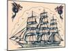 Three Masted Ship & Sea Dragons, Vintage Tattoo Flash by Norman Collins, aka, Sailor Jerry-Piddix-Mounted Art Print