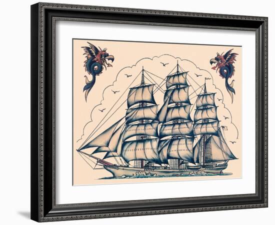 Three Masted Ship & Sea Dragons, Vintage Tattoo Flash by Norman Collins, aka, Sailor Jerry-Piddix-Framed Art Print