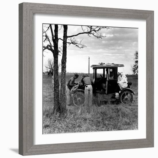 Three Men Working on 1918 Ford Model T - Has Bundles in Back and Can of Prestone on Running Board-Charles E^ Steinheimer-Framed Photographic Print