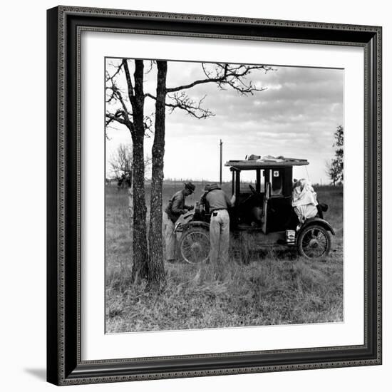 Three Men Working on 1918 Ford Model T - Has Bundles in Back and Can of Prestone on Running Board-Charles E^ Steinheimer-Framed Photographic Print