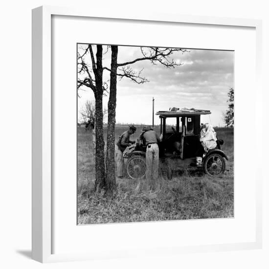 Three Men Working on 1918 Ford Model T - Has Bundles in Back and Can of Prestone on Running Board-Charles E^ Steinheimer-Framed Photographic Print