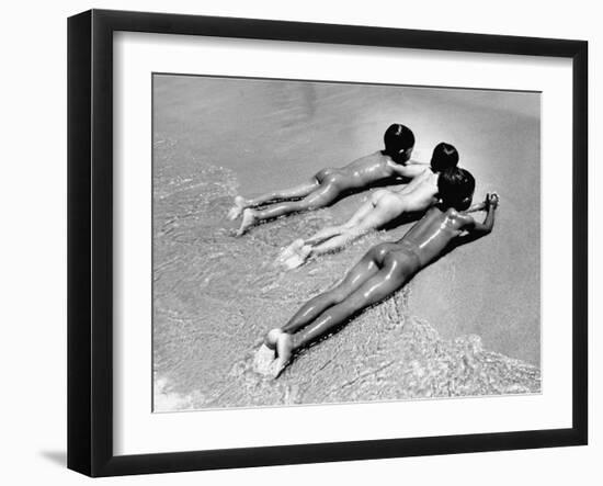 Three Native Boys Sunbathing Nude at the Edge of the Surf at Ocean Beach-Howard Sochurek-Framed Photographic Print