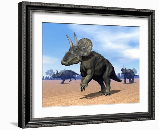 Three Nedoceratops in the Desert by Daylight-null-Framed Art Print