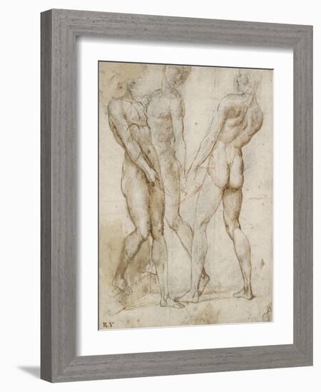 Three Nude Bearers (Pen and Brown Ink over Grey Chalk Outlines with Red Chalk on White Paper)-Raphael-Framed Giclee Print