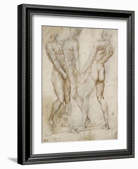 Three Nude Bearers (Pen and Brown Ink over Grey Chalk Outlines with Red Chalk on White Paper)-Raphael-Framed Giclee Print
