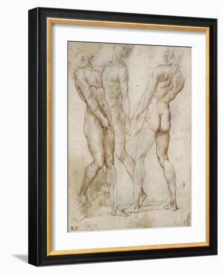 Three Nude Bearers (Pen and Brown Ink over Grey Chalk Outlines with Red Chalk on White Paper)-Raphael-Framed Giclee Print