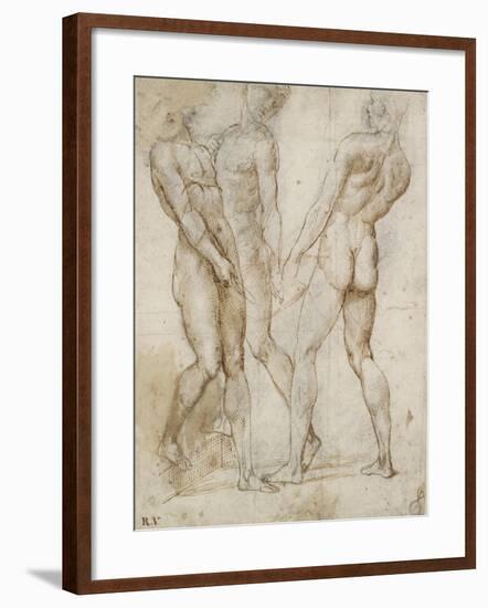 Three Nude Bearers (Pen and Brown Ink over Grey Chalk Outlines with Red Chalk on White Paper)-Raphael-Framed Giclee Print