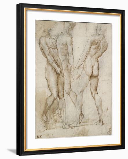 Three Nude Bearers (Pen and Brown Ink over Grey Chalk Outlines with Red Chalk on White Paper)-Raphael-Framed Giclee Print