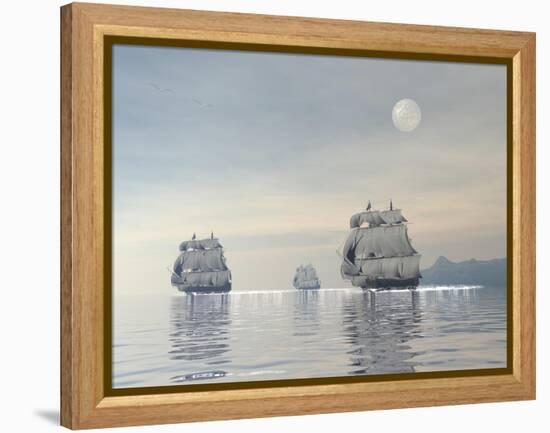 Three Old Ships Sailing in the Ocean under a Full Moon-null-Framed Stretched Canvas