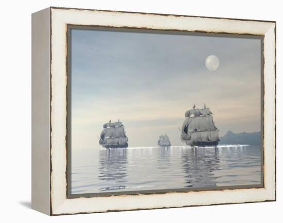 Three Old Ships Sailing in the Ocean under a Full Moon-null-Framed Stretched Canvas