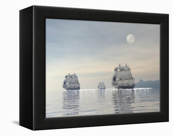 Three Old Ships Sailing in the Ocean under a Full Moon-null-Framed Stretched Canvas