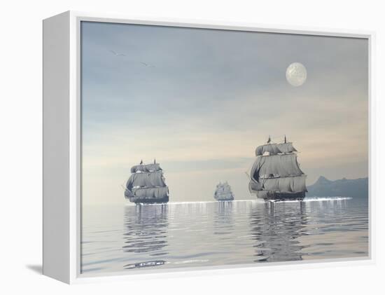 Three Old Ships Sailing in the Ocean under a Full Moon-null-Framed Stretched Canvas