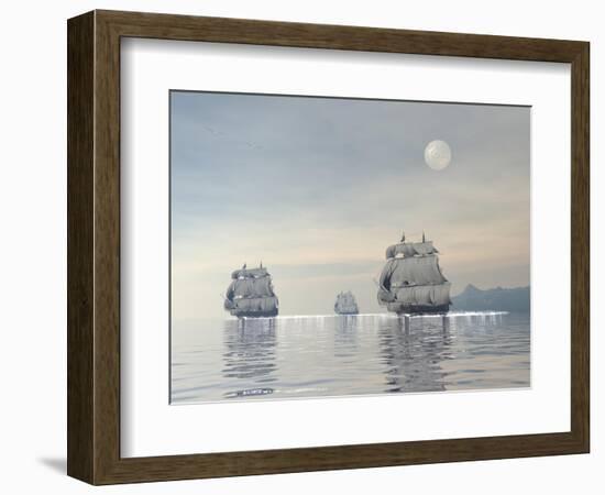 Three Old Ships Sailing in the Ocean under a Full Moon-null-Framed Art Print