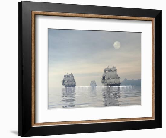 Three Old Ships Sailing in the Ocean under a Full Moon-null-Framed Art Print