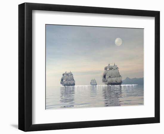 Three Old Ships Sailing in the Ocean under a Full Moon-null-Framed Art Print