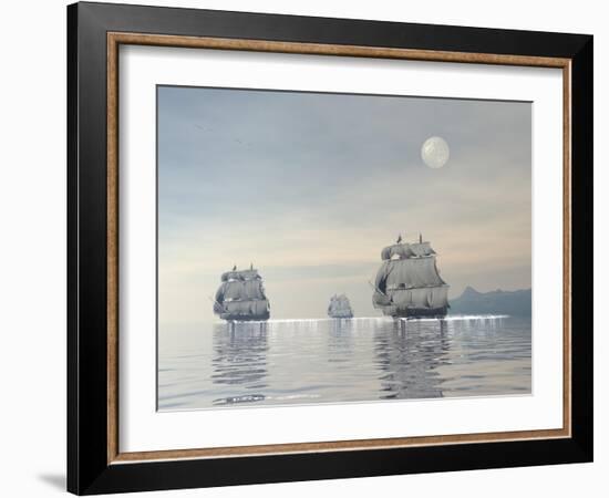 Three Old Ships Sailing in the Ocean under a Full Moon-null-Framed Art Print