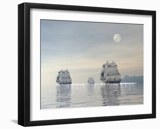 Three Old Ships Sailing in the Ocean under a Full Moon-null-Framed Art Print