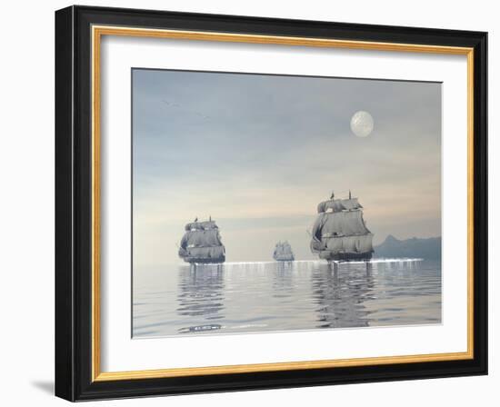 Three Old Ships Sailing in the Ocean under a Full Moon-null-Framed Art Print